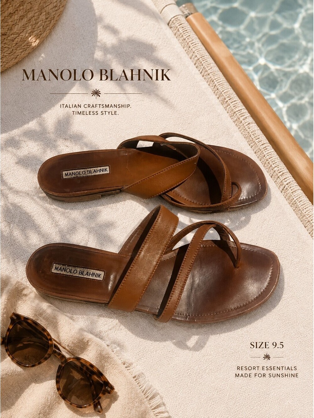 Manolo Blahnik Brown Leather Strappy Slide Sandals